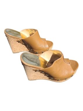 Michael Kors BELINDA Tan Leather Cork Wedge Mules 6.5